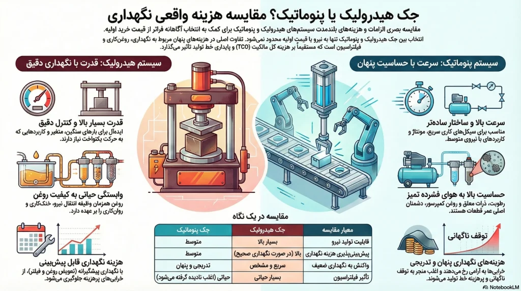 جک هیدرولیک یا پنوماتیک؟ مقایسه هزینههای نگهداری، روغنکاری و فیلتراسیون 1 شناخت عملکرد جکهای هیدرولیک و پنوماتیک